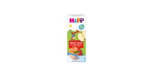 HiPP Kindergetränk „Milder Apfel mit stillem Wasser“ im 200-ml-Tetrapack mit Bio-Logo und Apfelmotiv auf der Vorderseite