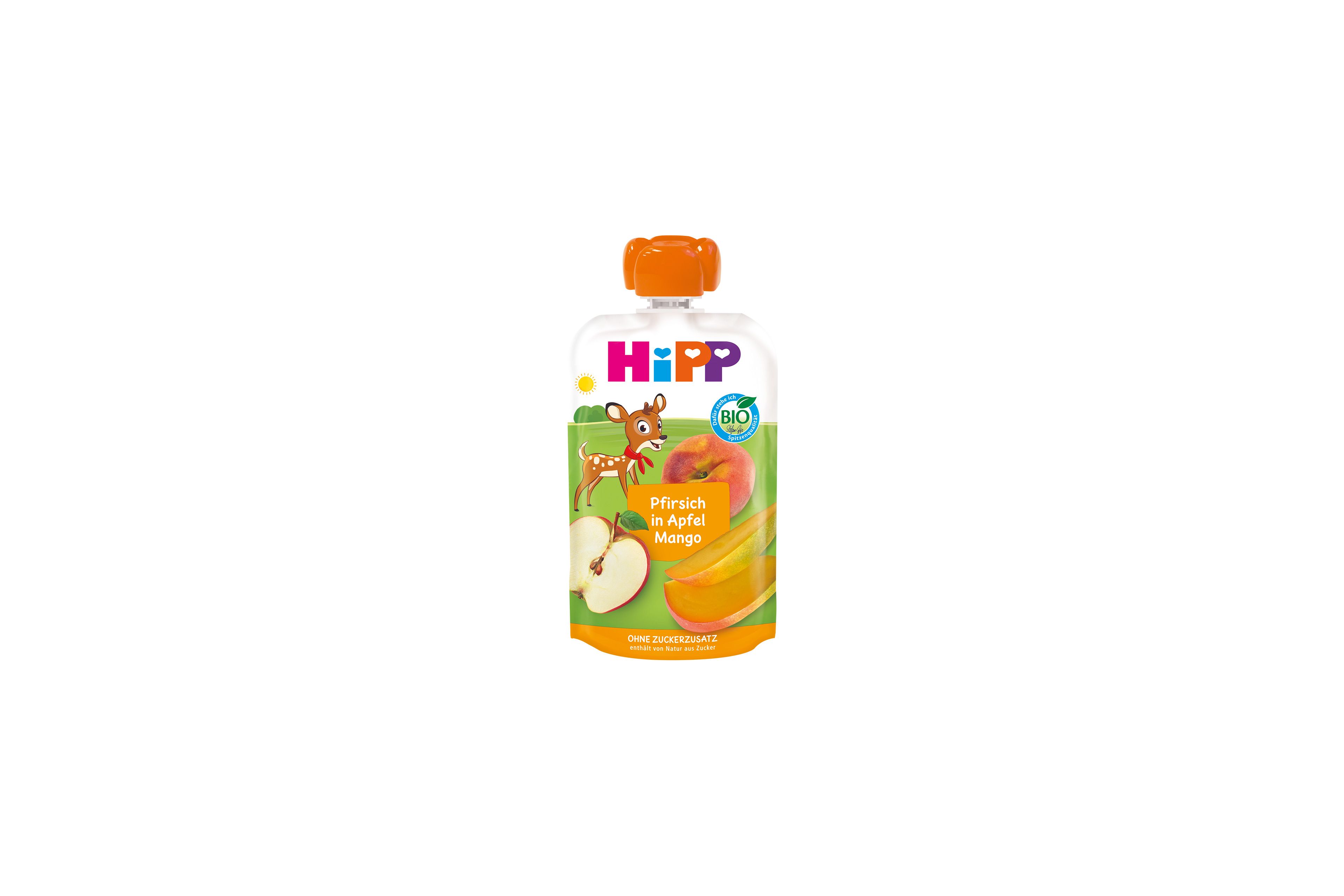 HiPP Bio-Quetschbeutel Pfirsich in Apfel Mango mit Fruchtmotiven und Rehkitz-Illustration auf weißem Hintergrund