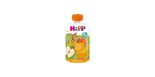 HiPP Bio-Quetschbeutel Pfirsich in Apfel Mango mit Fruchtmotiven und Rehkitz-Illustration auf weißem Hintergrund