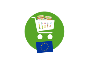 Einkaufswagen mit Lebensmitteln vor grünem Kreis und EU-Flagge