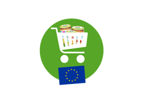 Einkaufswagen mit Lebensmitteln vor grünem Kreis und EU-Flagge