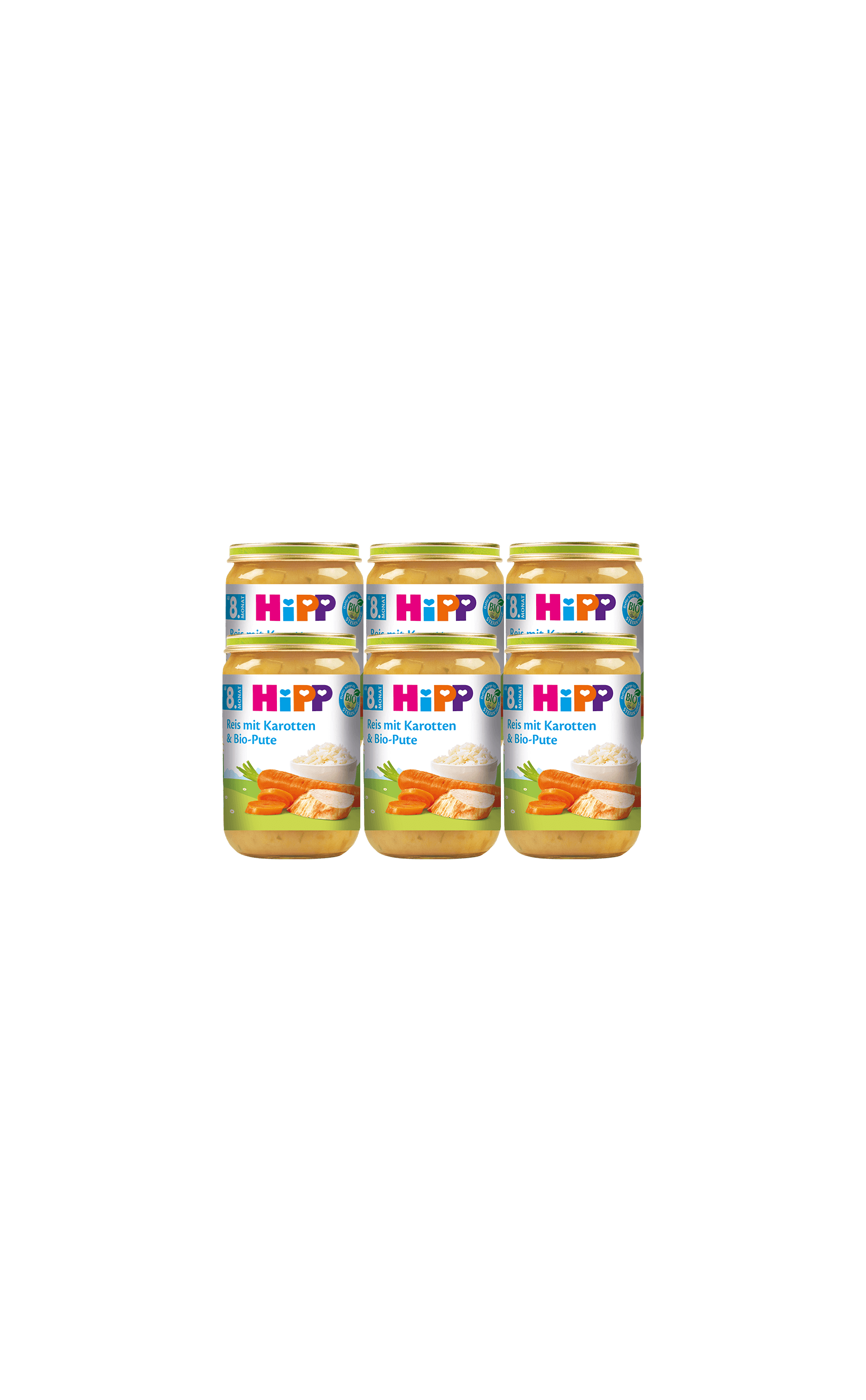 Sechserpack HiPP Bio-Gläschen Reis mit Karotten und Pute, 6×220g, auf schwarzem Hintergrund