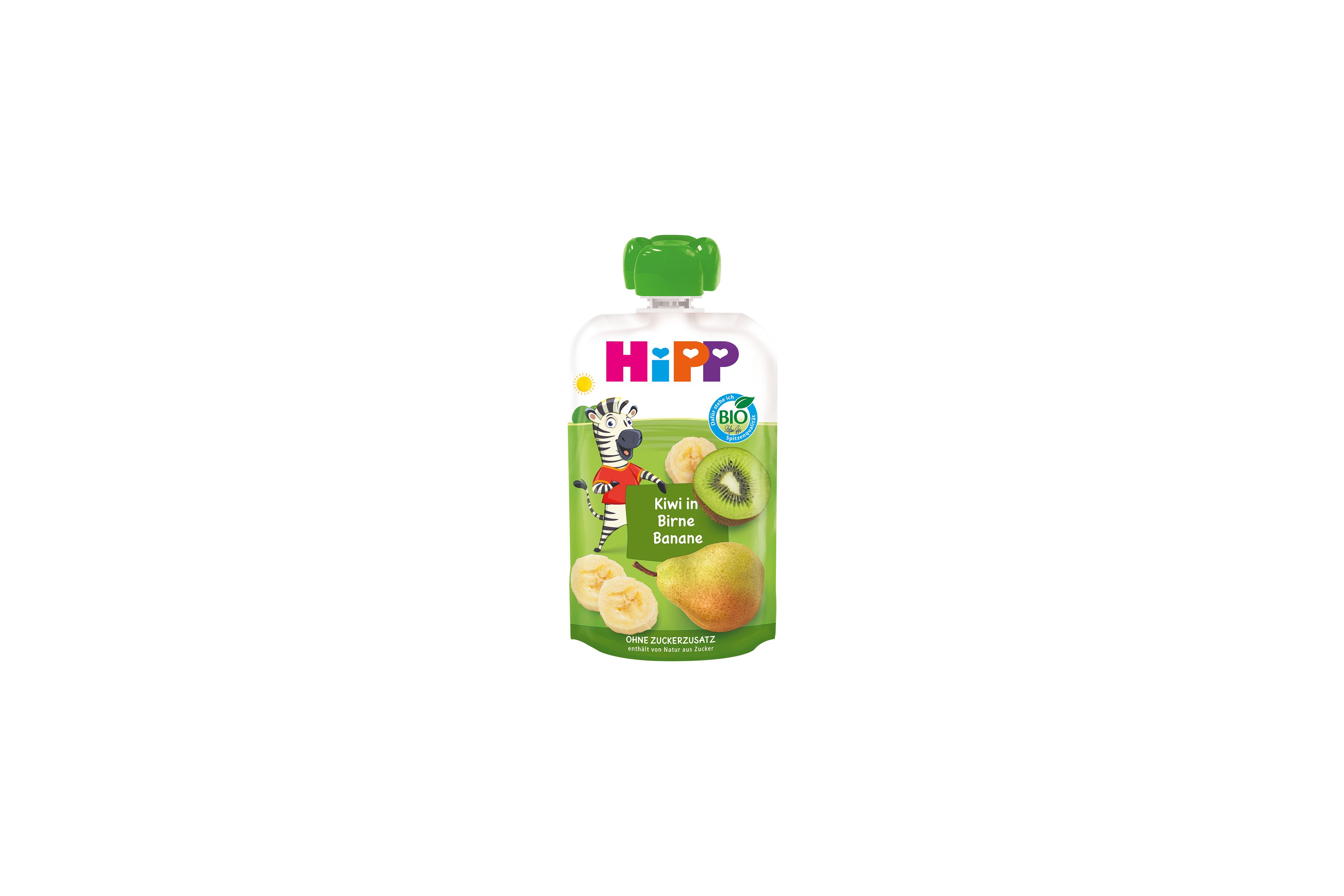 HiPP Bio-Quetschbeutel „Kiwi in Birne Banane“ mit Kiwi-, Birnen- und Bananenmotiv auf grünem Beutel mit Zebrafigur