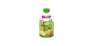 HiPP Bio-Quetschbeutel „Kiwi in Birne Banane“ mit Kiwi-, Birnen- und Bananenmotiv auf grünem Beutel mit Zebrafigur
