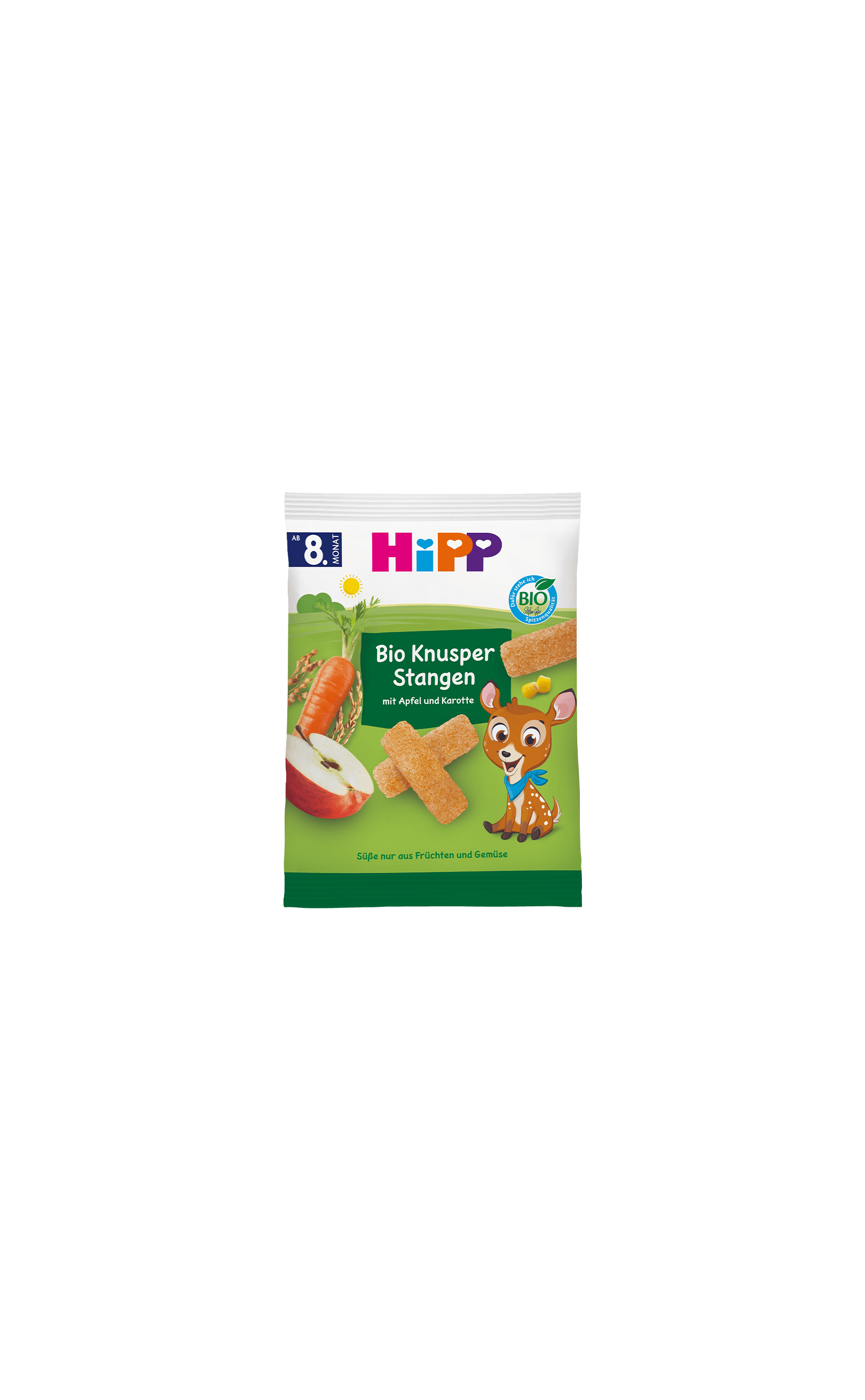 HiPP Bio Knusper Stangen Apfel Karotte Snackpackung mit Getreidestangen, Apfel-, Karottenmotiv und Rehkitz-Illustration