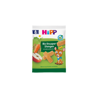 HiPP Bio Knusper Stangen Apfel Karotte Snackpackung mit Getreidestangen, Apfel-, Karottenmotiv und Rehkitz-Illustration