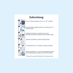 Sechs Schritt-für-Schritt-Illustrationen zur Zubereitung mit Texten und Symbolen für Wasserkocher, Messlöffel, Fläschchen und Verschlussclip