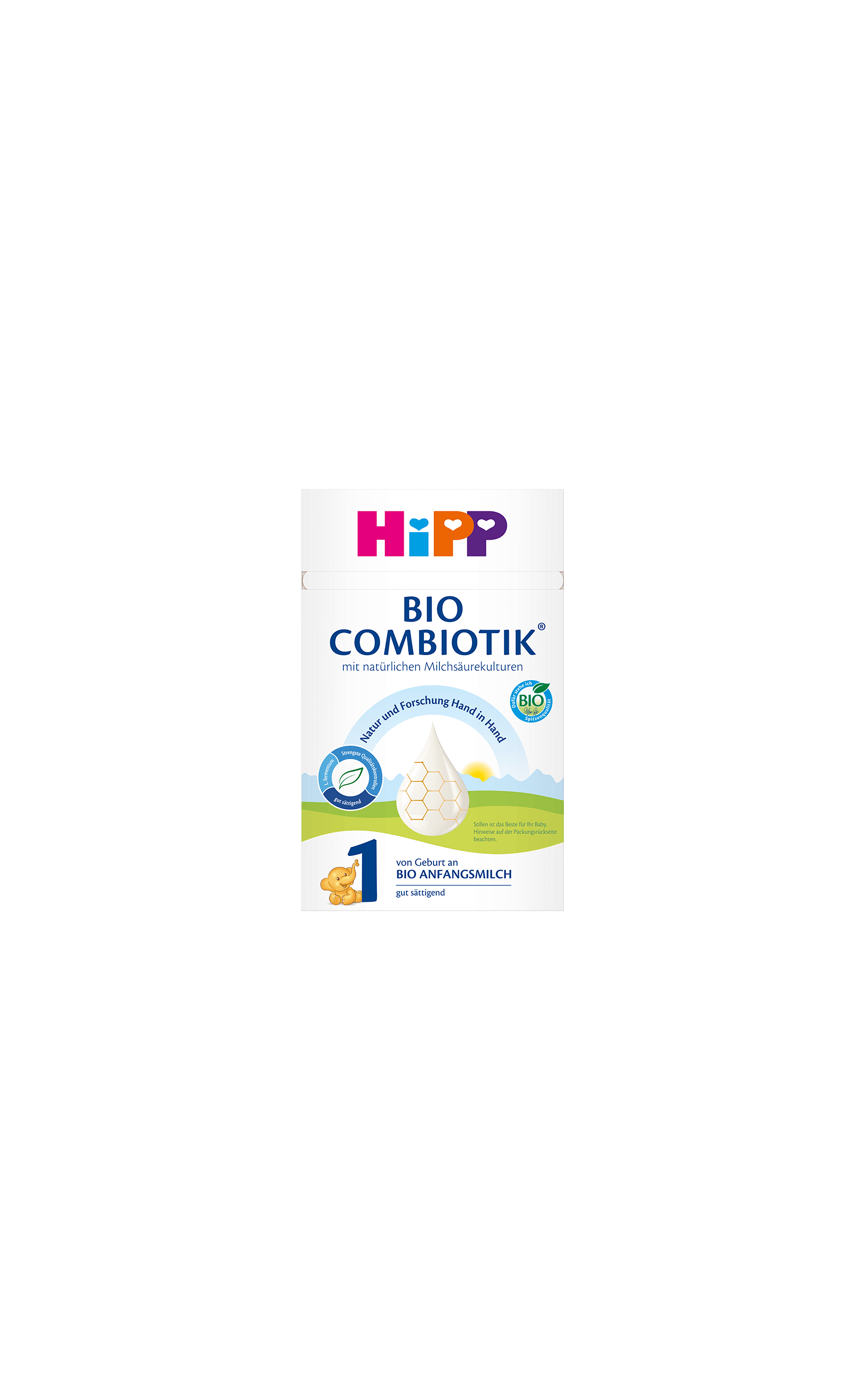 HiPP Bio Combiotik 1 Bio Anfangsmilch 600g Packung für Babys von Geburt an auf schwarzem Hintergrund