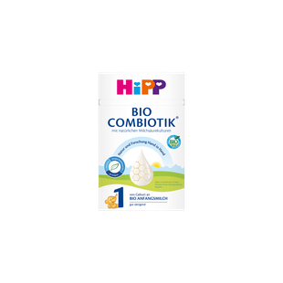 HiPP Bio Combiotik 1 Bio Anfangsmilch 600g Packung für Babys von Geburt an auf schwarzem Hintergrund