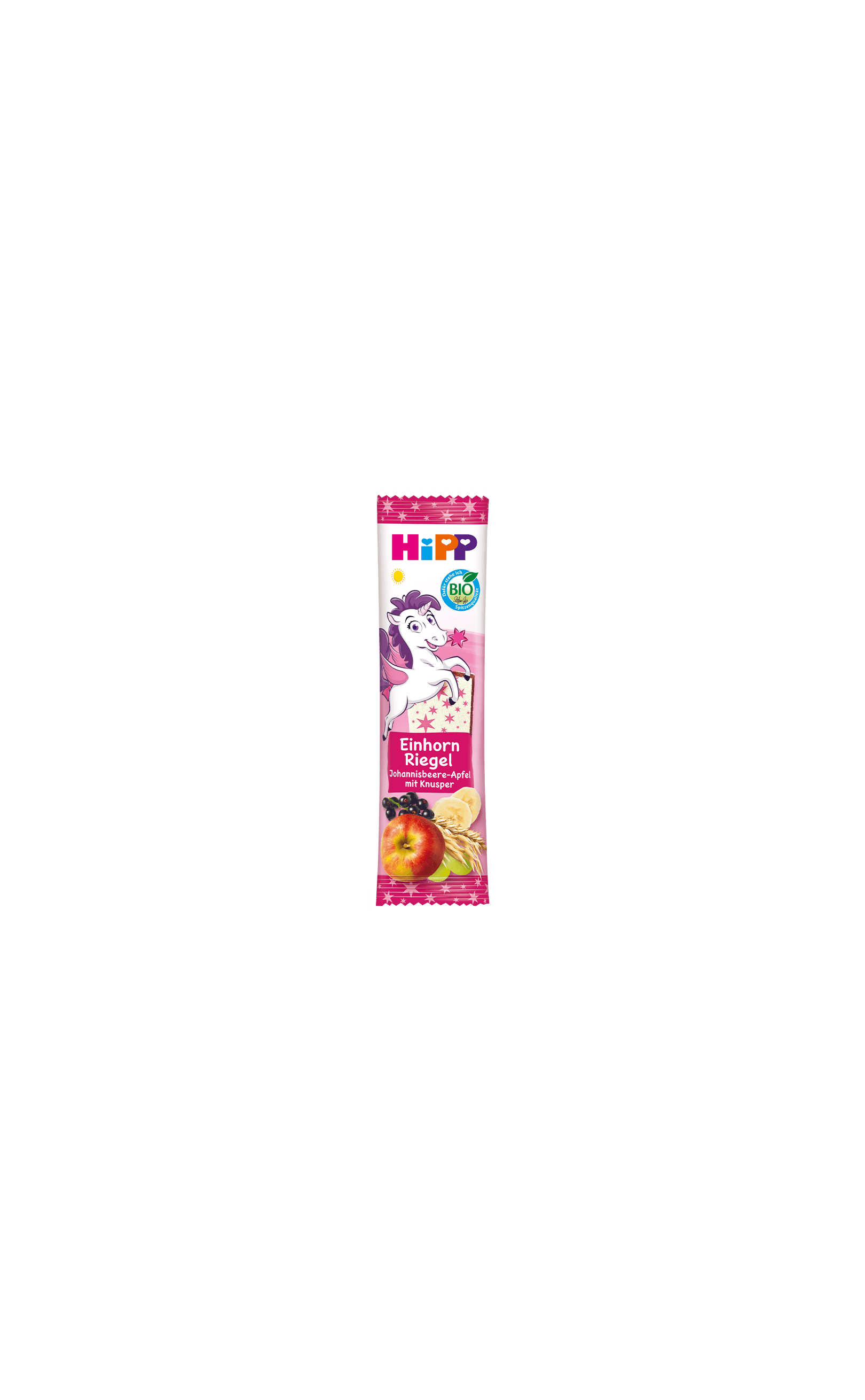 HiPP Einhorn Riegel Bio-Fruchtriegel in pinker Verpackung mit Einhornmotiv, Apfel, Johannisbeeren und Getreideknusper