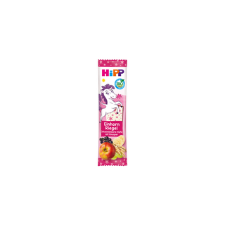 HiPP Einhorn Riegel Bio-Fruchtriegel in pinker Verpackung mit Einhornmotiv, Apfel, Johannisbeeren und Getreideknusper