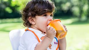 Ein kleines Kind, vermutlich ein Kleinkind, nippt im Freien an einer orangefarbenen Schnabeltasse.