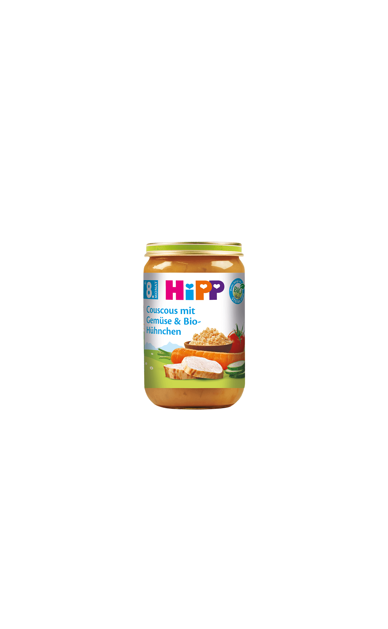 HiPP Bio-Gläschen Couscous mit Gemüse und Bio-Hühnchen ab 8. Monat vor schwarzem Hintergrund