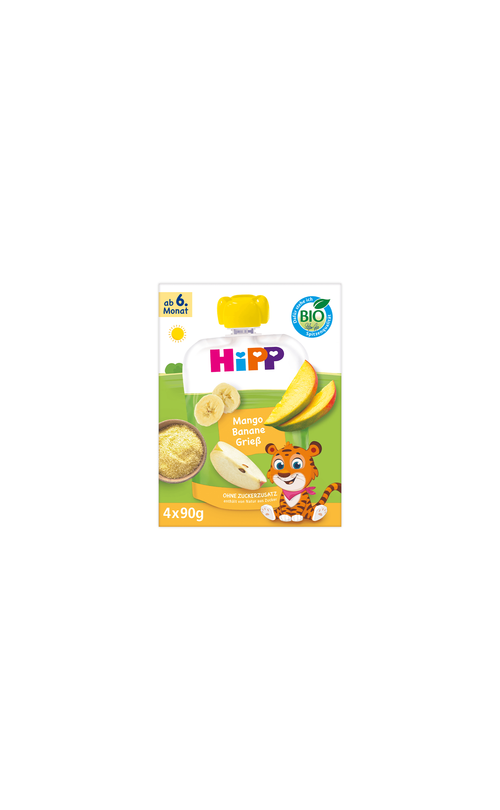 HiPP Bio Baby-Fruchtporridge Mango Banane Grieß im Quetschbeutel, 4x90g Packung ab 6. Monat mit Tiger-Motiv