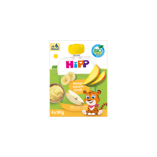 HiPP Bio Baby-Fruchtporridge Mango Banane Grieß im Quetschbeutel, 4x90g Packung ab 6. Monat mit Tiger-Motiv