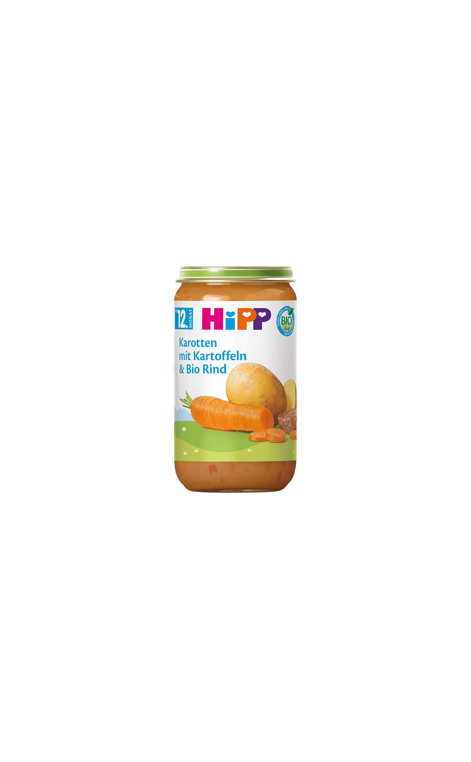 HiPP Bio-Gläschen Karotten mit Kartoffeln und Bio-Rind 250g für Babys ab 12 Monaten vor schwarzem Hintergrund