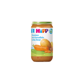 HiPP Bio-Gläschen Karotten mit Kartoffeln und Bio-Rind 250g für Babys ab 12 Monaten vor schwarzem Hintergrund