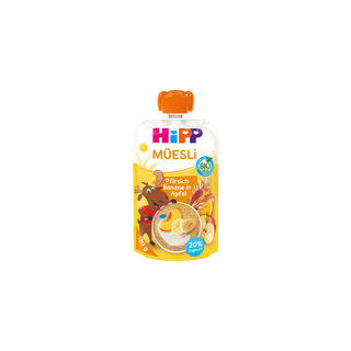 HiPP Müesli Quetschbeutel Pfirsich Banane in Apfel mit Joghurt, Bio-Frucht-Getreide-Snack ab 1 Jahr