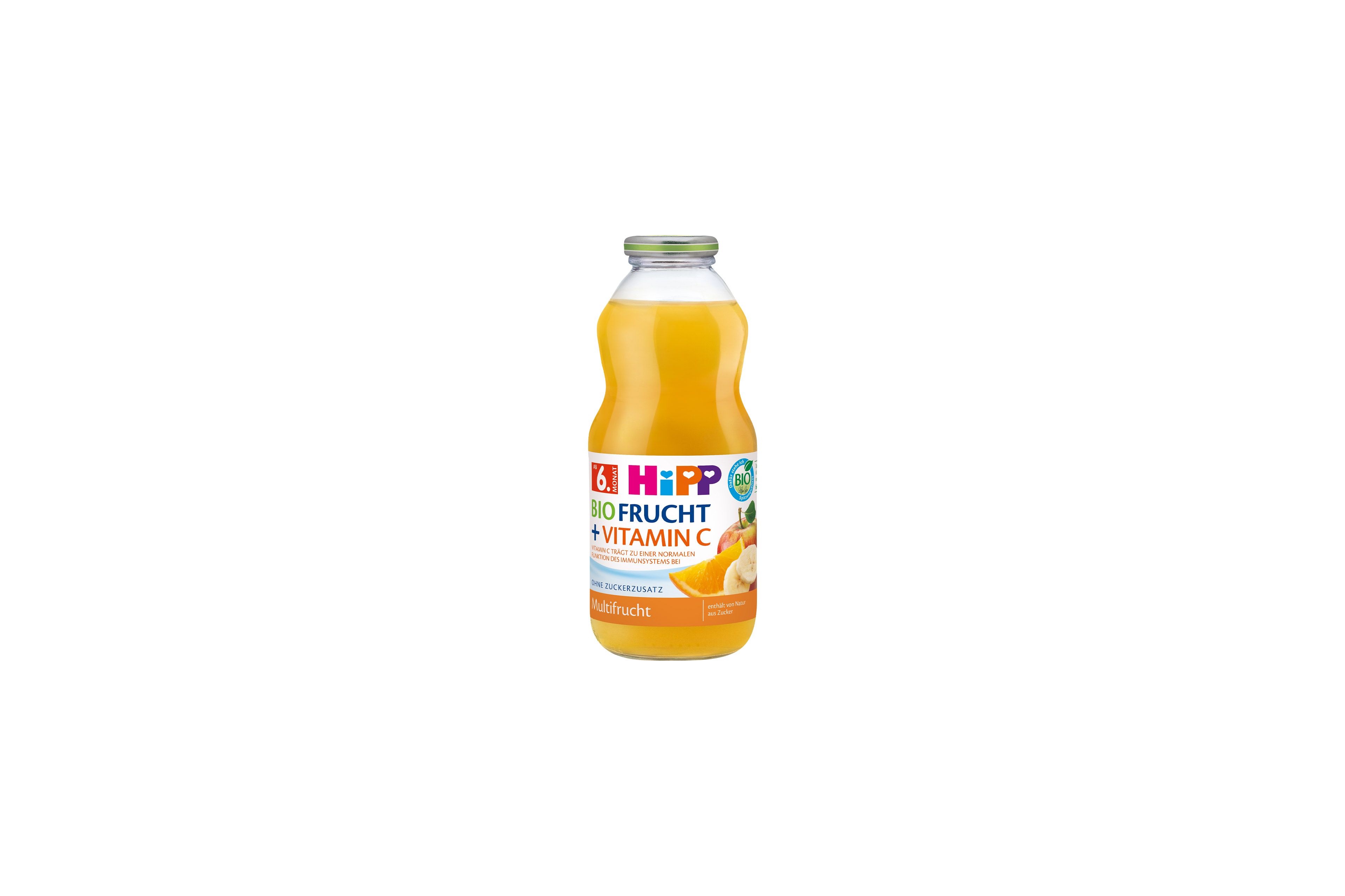 HiPP Multifrucht mit Vitamin C im Glas, Bio-Fruchtsaft für Babys ab 6. Monat auf schwarzem Hintergrund
