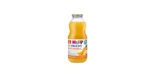 HiPP Multifrucht mit Vitamin C im Glas, Bio-Fruchtsaft für Babys ab 6. Monat auf schwarzem Hintergrund