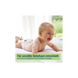 Ein Baby liegt auf dem Bauch auf einer weißen Unterlage und lächelt. Das Baby trägt eine Windel. Im Hintergrund sind unscharfe grüne Pflanzen und ein Fenster zu erkennen. Im unteren Bereich befindet sich ein gelb-grüner Kasten mit blauem und grünem Text.