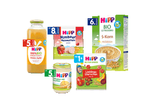 Verschiedene HiPP-Babynahrungsprodukte mit Altersangaben von 1 Monat bis 1 Jahr
