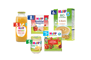 Verschiedene HiPP-Babynahrungsprodukte mit Altersangaben von 1 Monat bis 1 Jahr