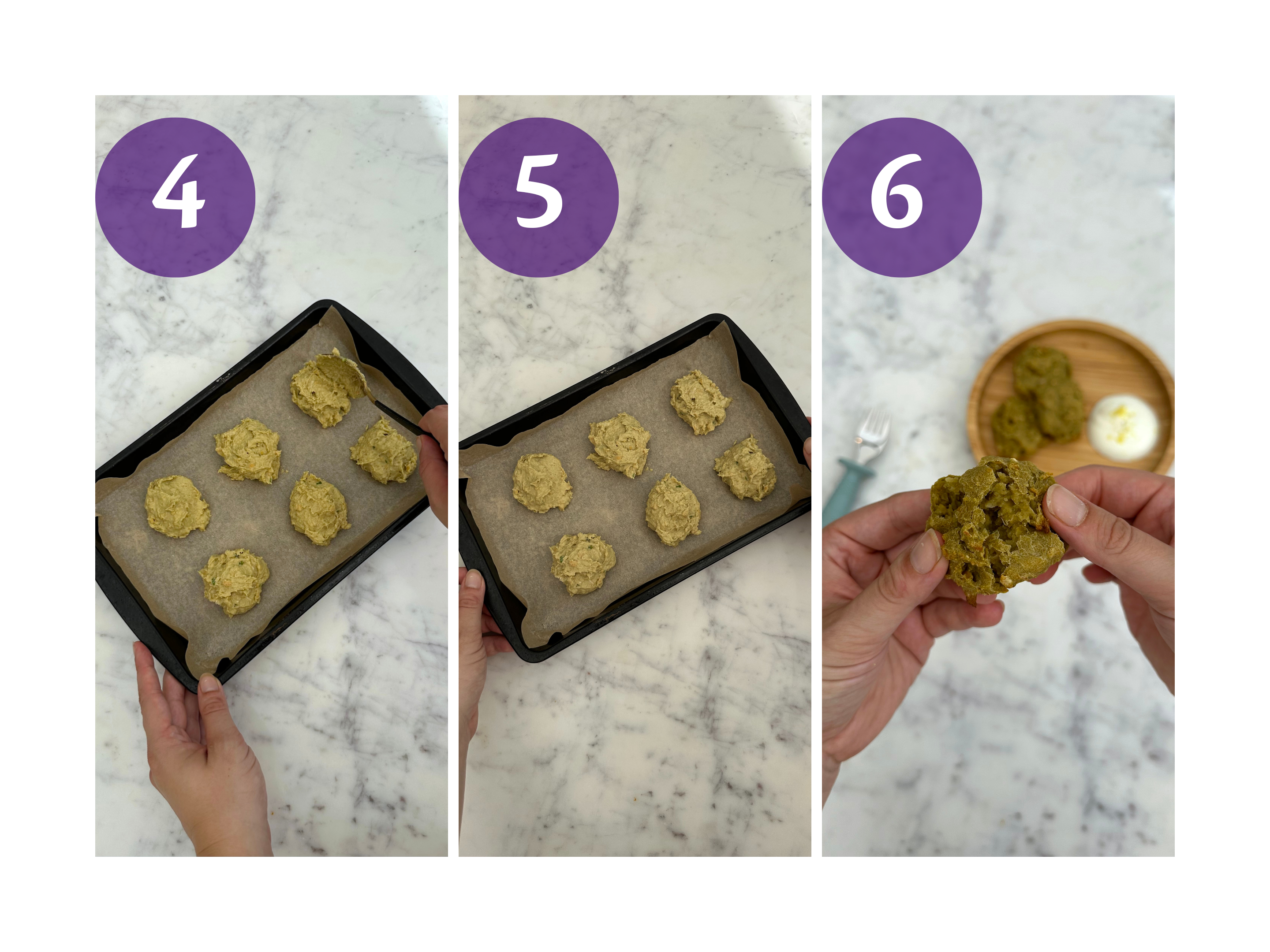 Steps 4–6 of baking baby falafel bites, from shaping on a tray to serving with yogurt on a baby plate.