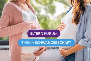 Zwei schwangere Frauen stehen sich gegenüber und halten ihre Bäuche, Textfelder mit 'ELTERN FORUM' und 'THEMA SCHWANGERSCHAFT'
