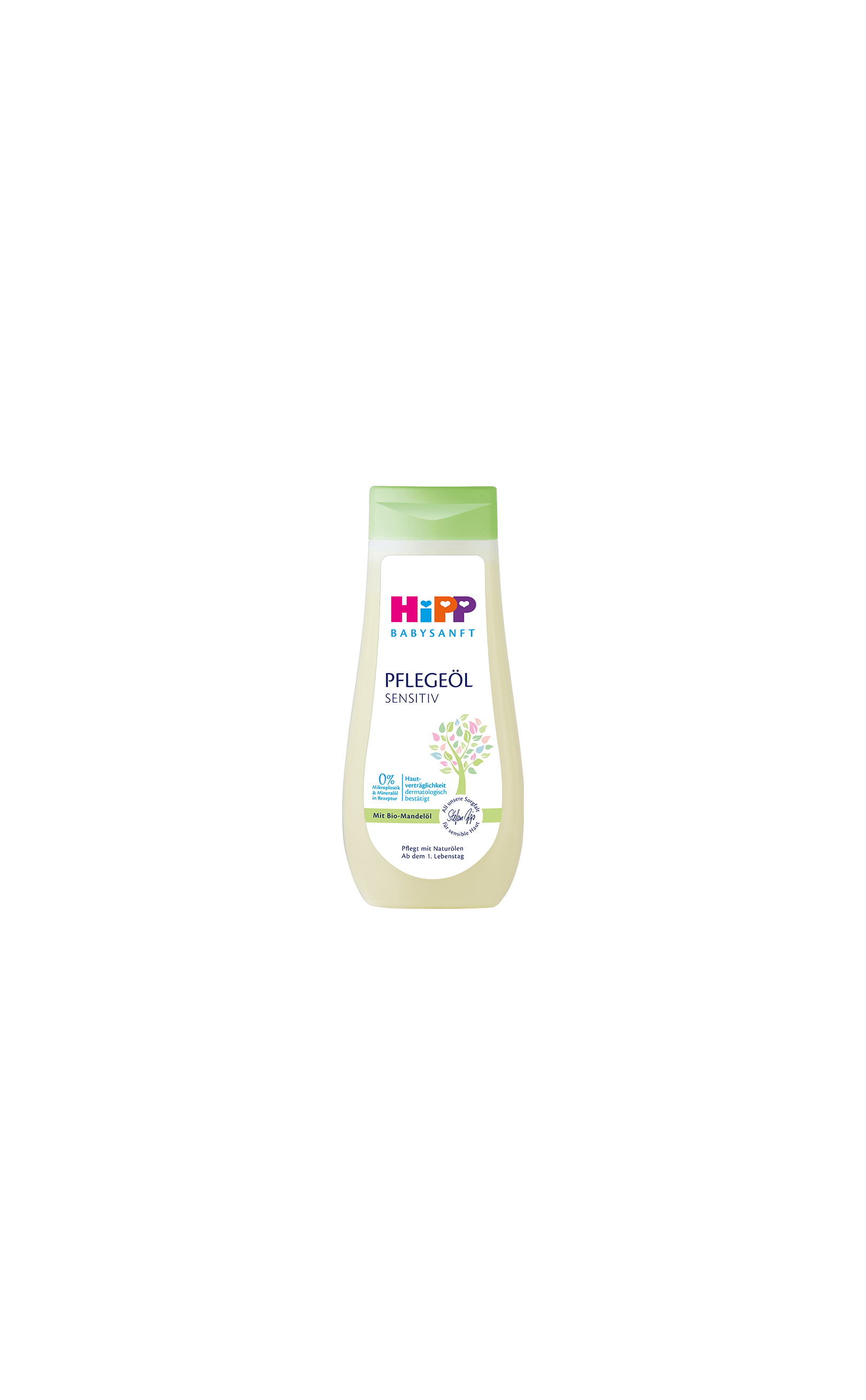HiPP Babysanft Pflegeöl Sensitiv 200 ml Flasche mit grünem Deckel auf schwarzem Hintergrund