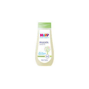 HiPP Babysanft Pflegeöl Sensitiv 200 ml Flasche mit grünem Deckel auf schwarzem Hintergrund