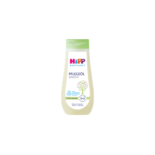 HiPP Babysanft Pflegeöl Sensitiv Flasche mit Bio-Mandelöl für zarte, sensible Babyhaut auf weißem Hintergrund