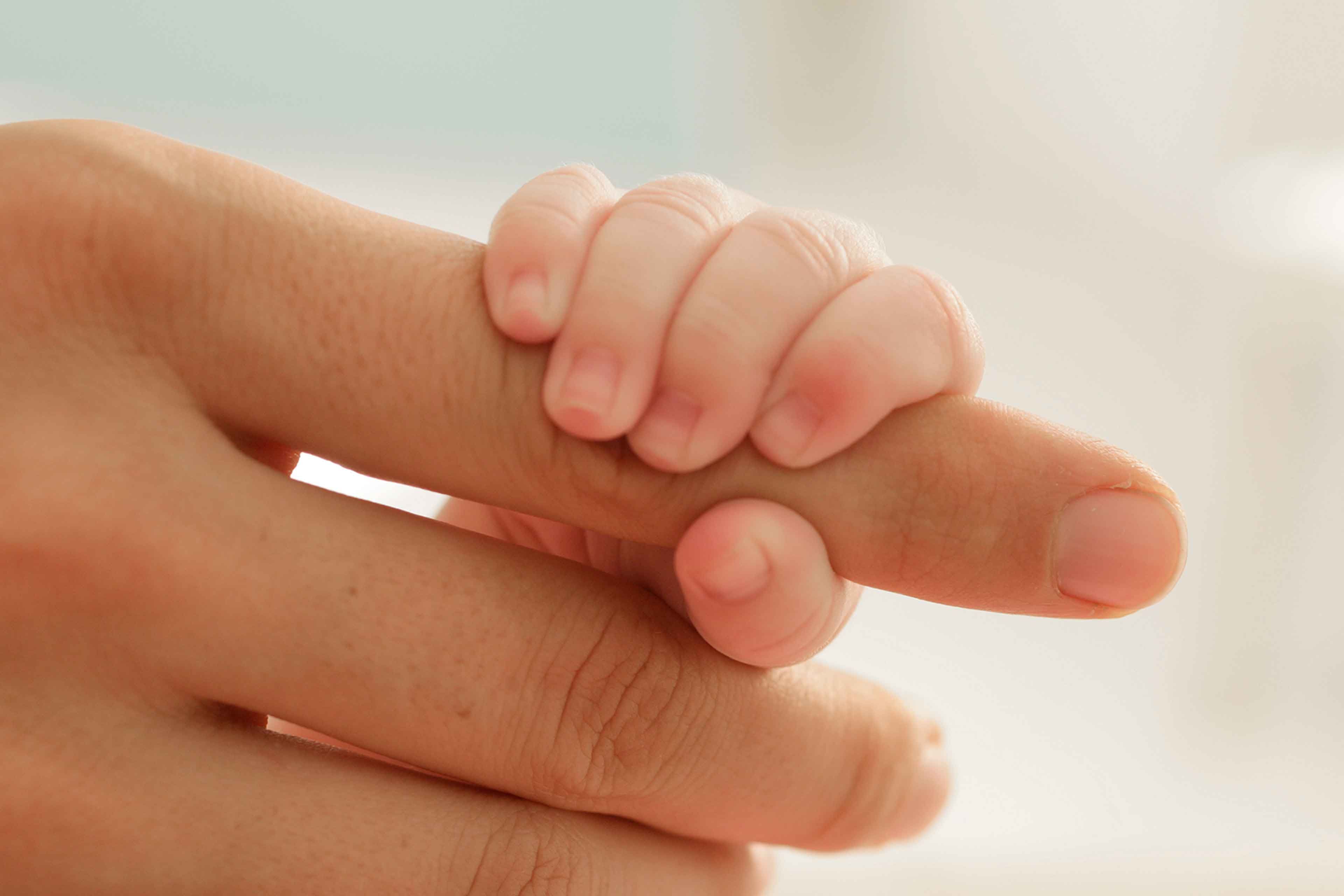 Die Hand eines Babys, die den Finger eines Erwachsenen ergreift, symbolisiert die Verbindung zwischen den Generationen.