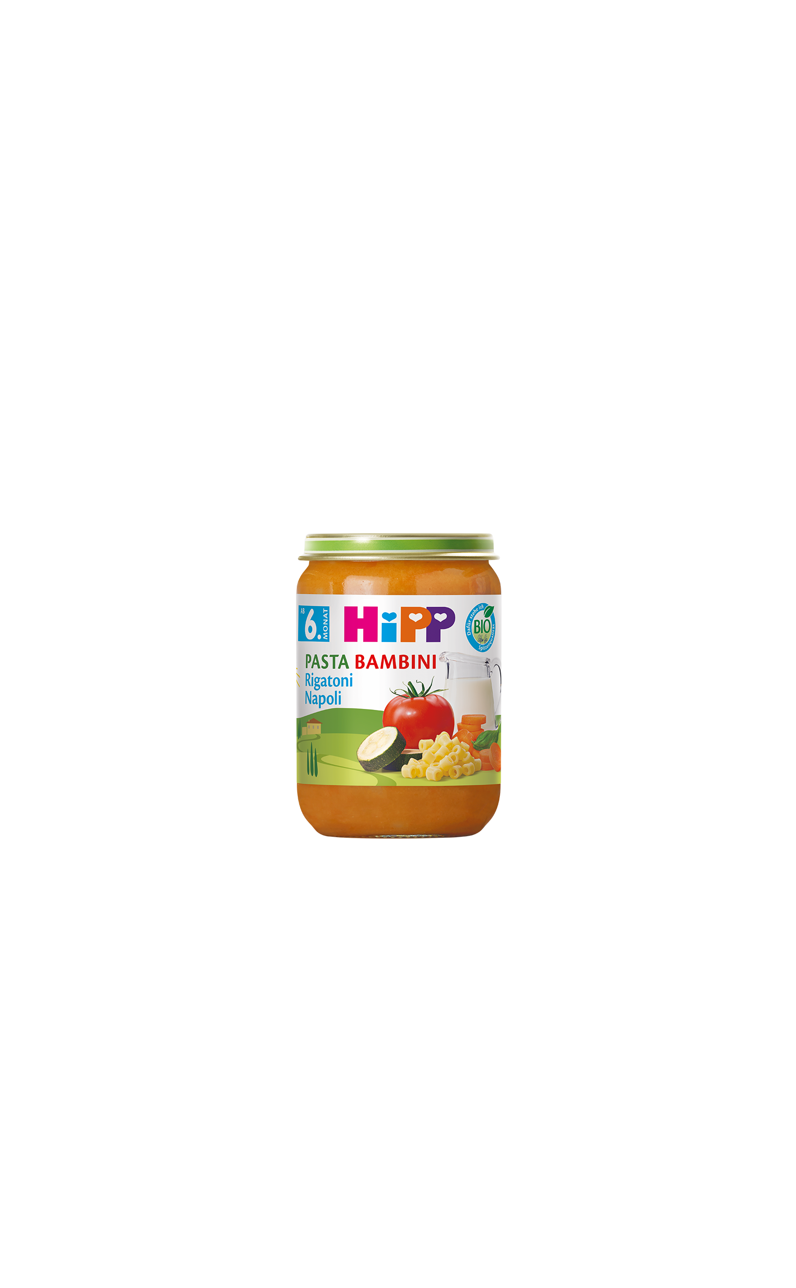 HiPP Pasta Bambini Rigatoni Napoli 190g Bio-Gläschen für Babys ab 6 Monaten vor weißem Hintergrund