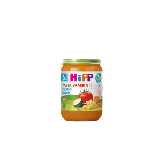 HiPP Pasta Bambini Rigatoni Napoli 190g Bio-Gläschen für Babys ab 6 Monaten vor weißem Hintergrund