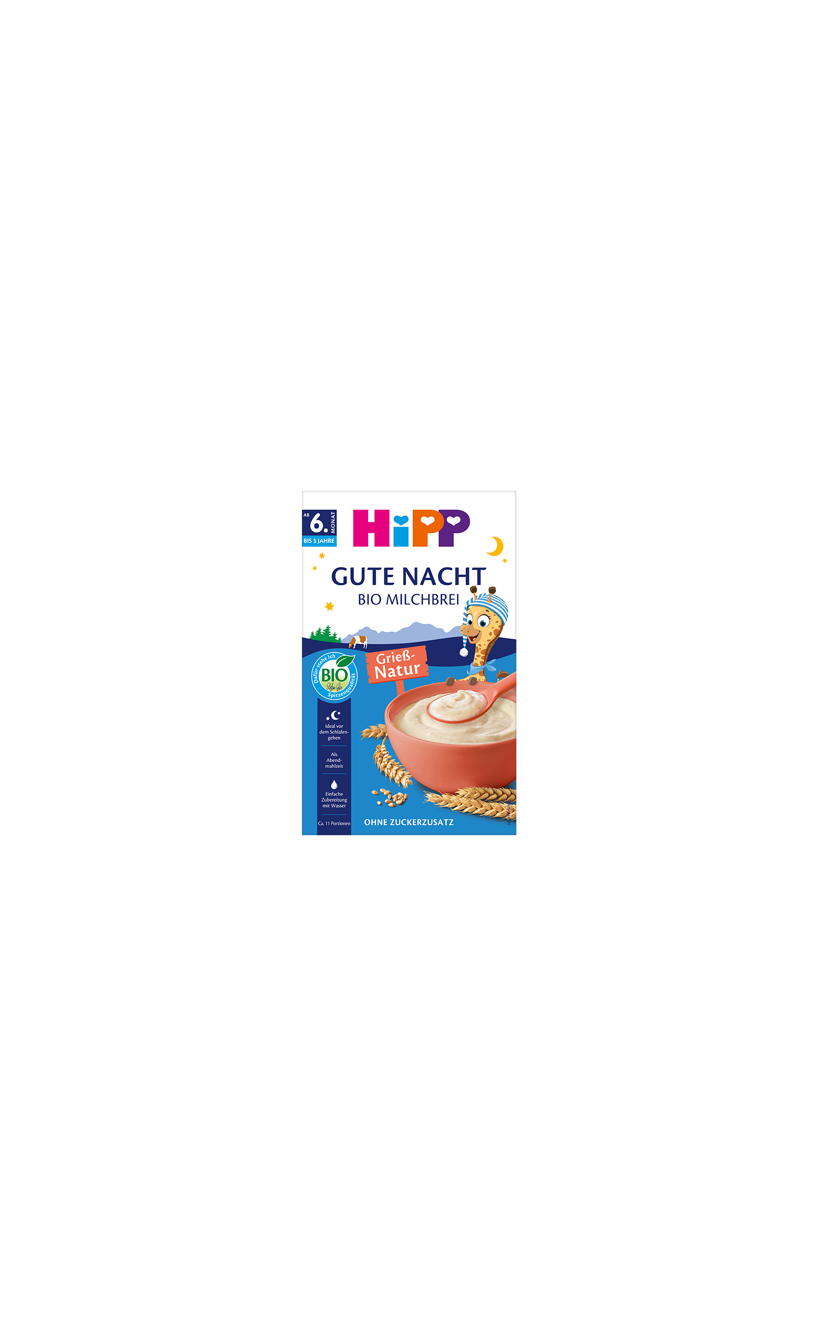 HiPP Gute Nacht Bio Milchbrei Grieß-Natur Packung mit Schüssel Grießbrei, ab 6. Monat, ohne Zuckerzusatz