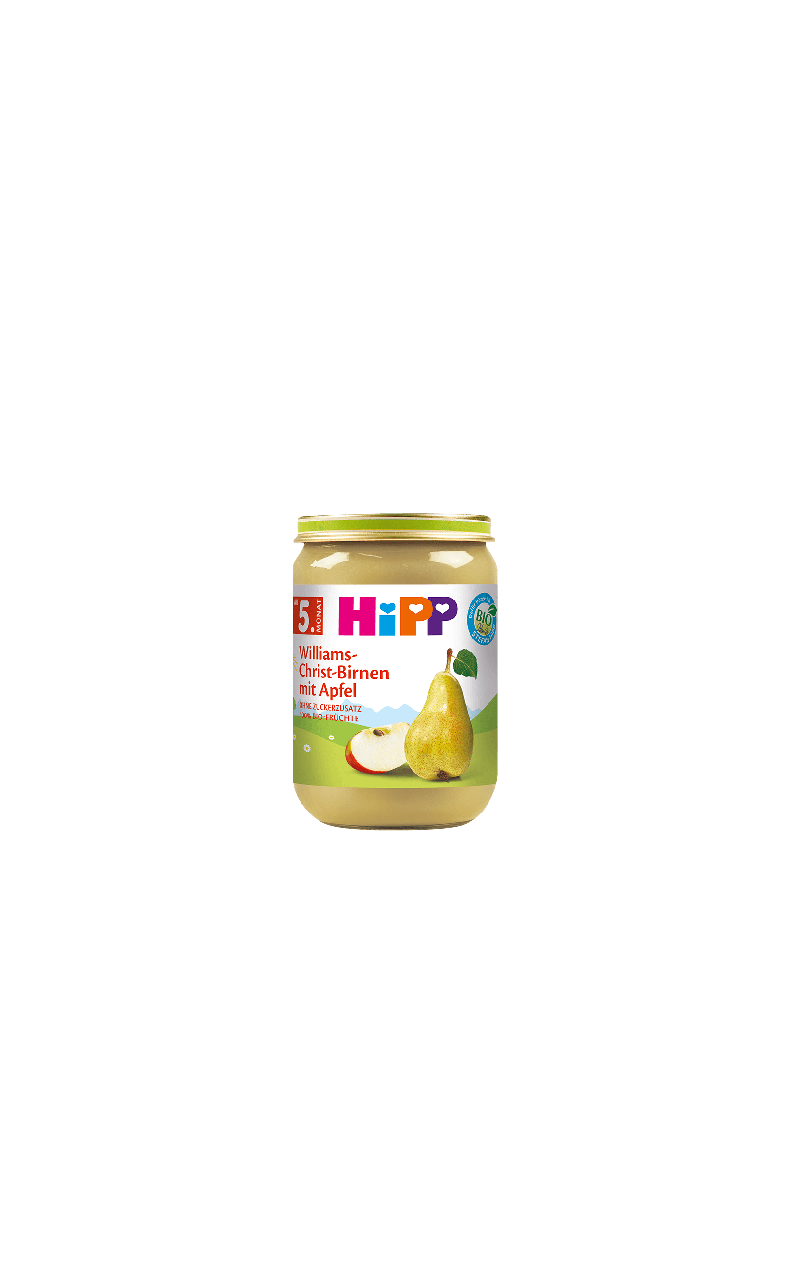 HiPP Bio Williams-Christ-Birnen mit Apfel 190g Babygläschen mit Birnen- und Apfelmotiv auf weiß-grünem Etikett