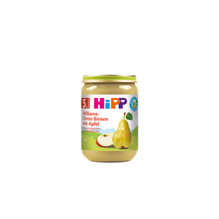 HiPP Bio Williams-Christ-Birnen mit Apfel 190g Babygläschen mit Birnen- und Apfelmotiv auf weiß-grünem Etikett