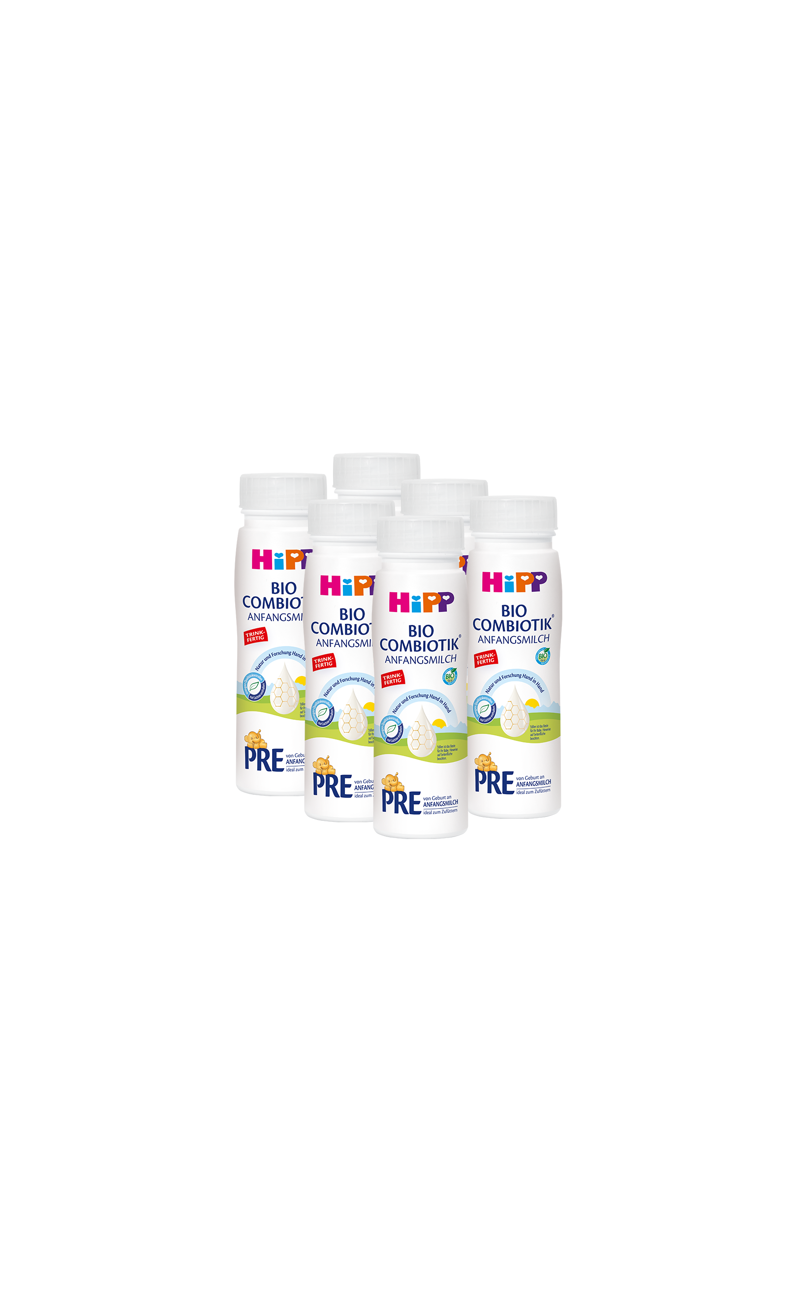 Sechserpack 200-ml-Fläschchen HiPP Bio Combiotik Anfangsmilch PRE vor schwarzem Hintergrund angeordnet