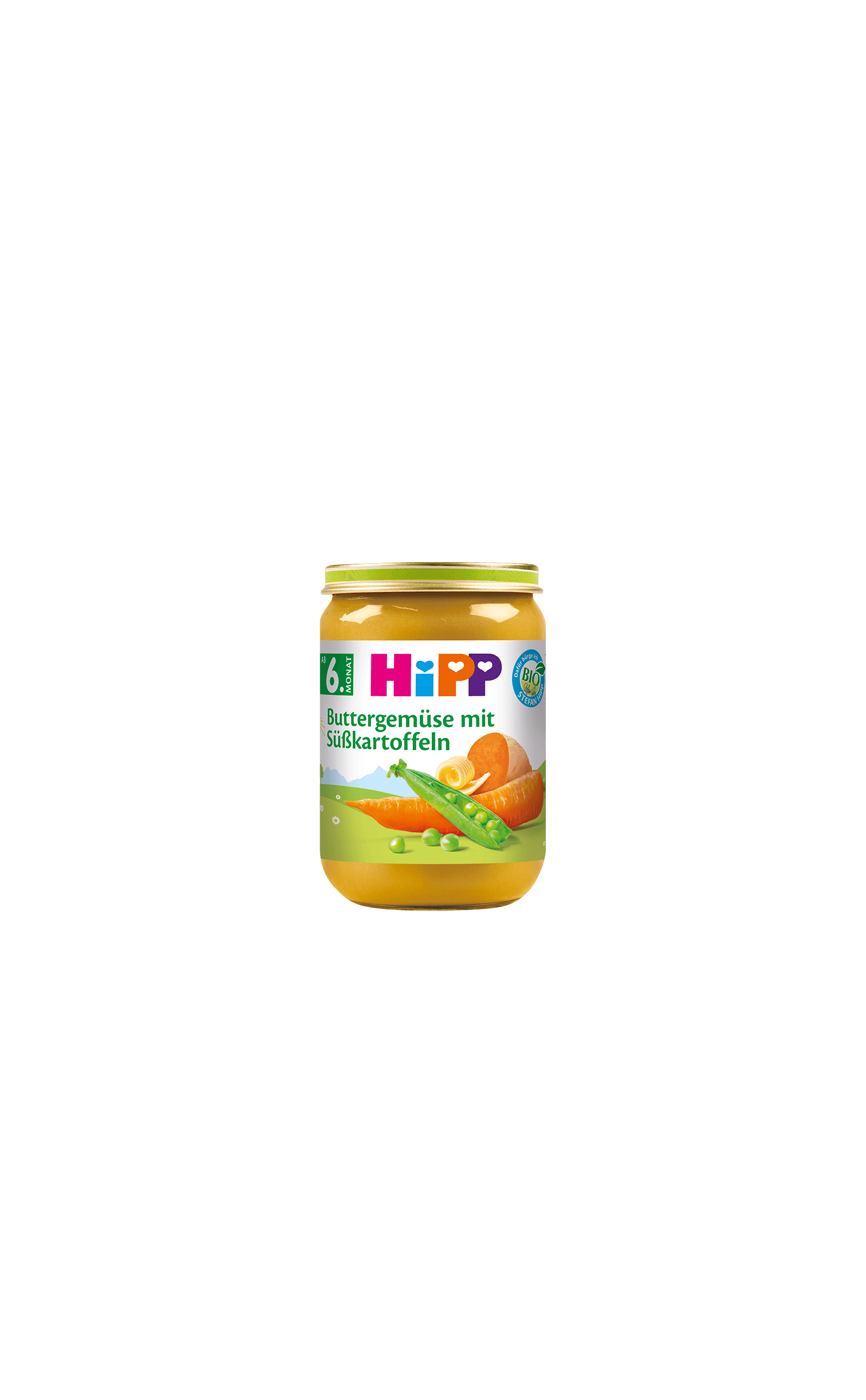 HiPP Bio-Gläschen Buttergemüse mit Süßkartoffeln ab dem 6. Monat vor schwarzem Hintergrund