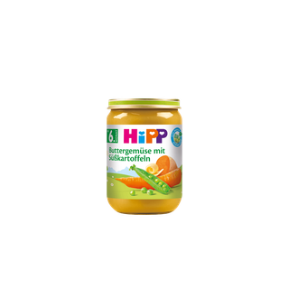 HiPP Bio-Gläschen Buttergemüse mit Süßkartoffeln ab dem 6. Monat vor schwarzem Hintergrund