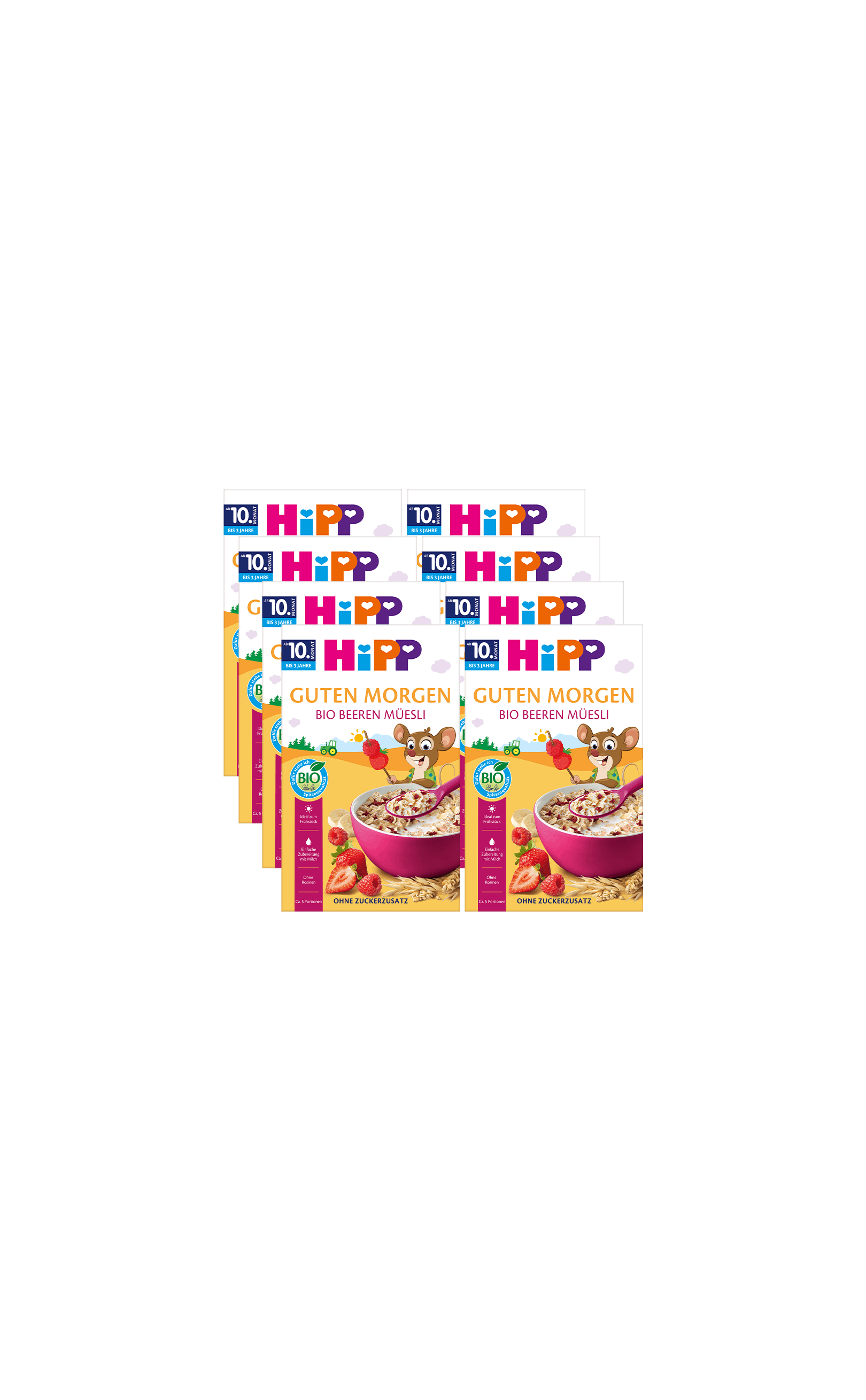 8er-Pack HiPP Guten Morgen Bio Beeren Müsli ab 10. Monat in bunten Frühstückspackungen