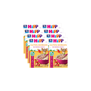 8er-Pack HiPP Guten Morgen Bio Beeren Müsli ab 10. Monat in bunten Frühstückspackungen