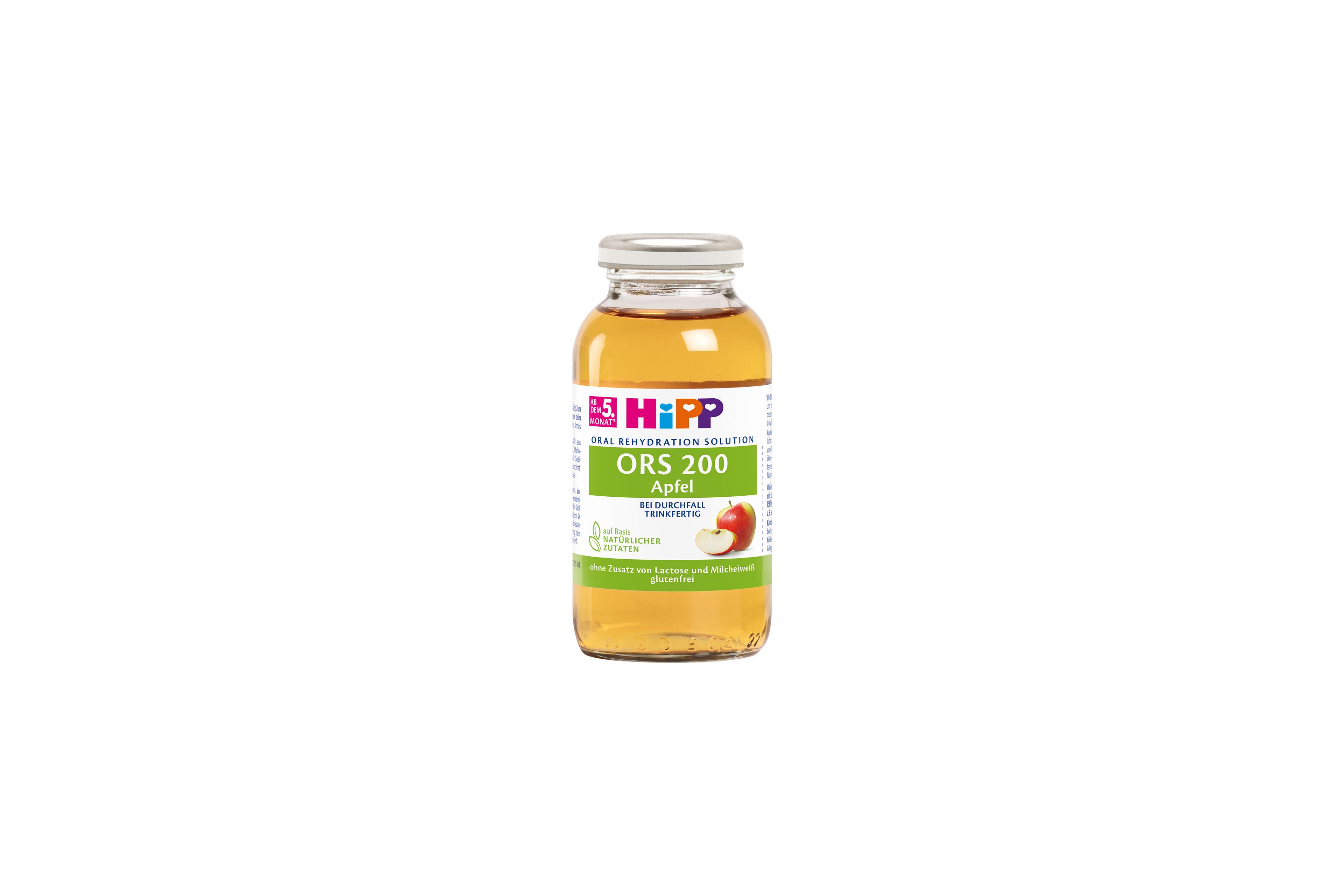 HiPP ORS 200 Apfel in Glasflasche, trinkfertige orale Rehydratationslösung bei Durchfall ab dem 5. Monat