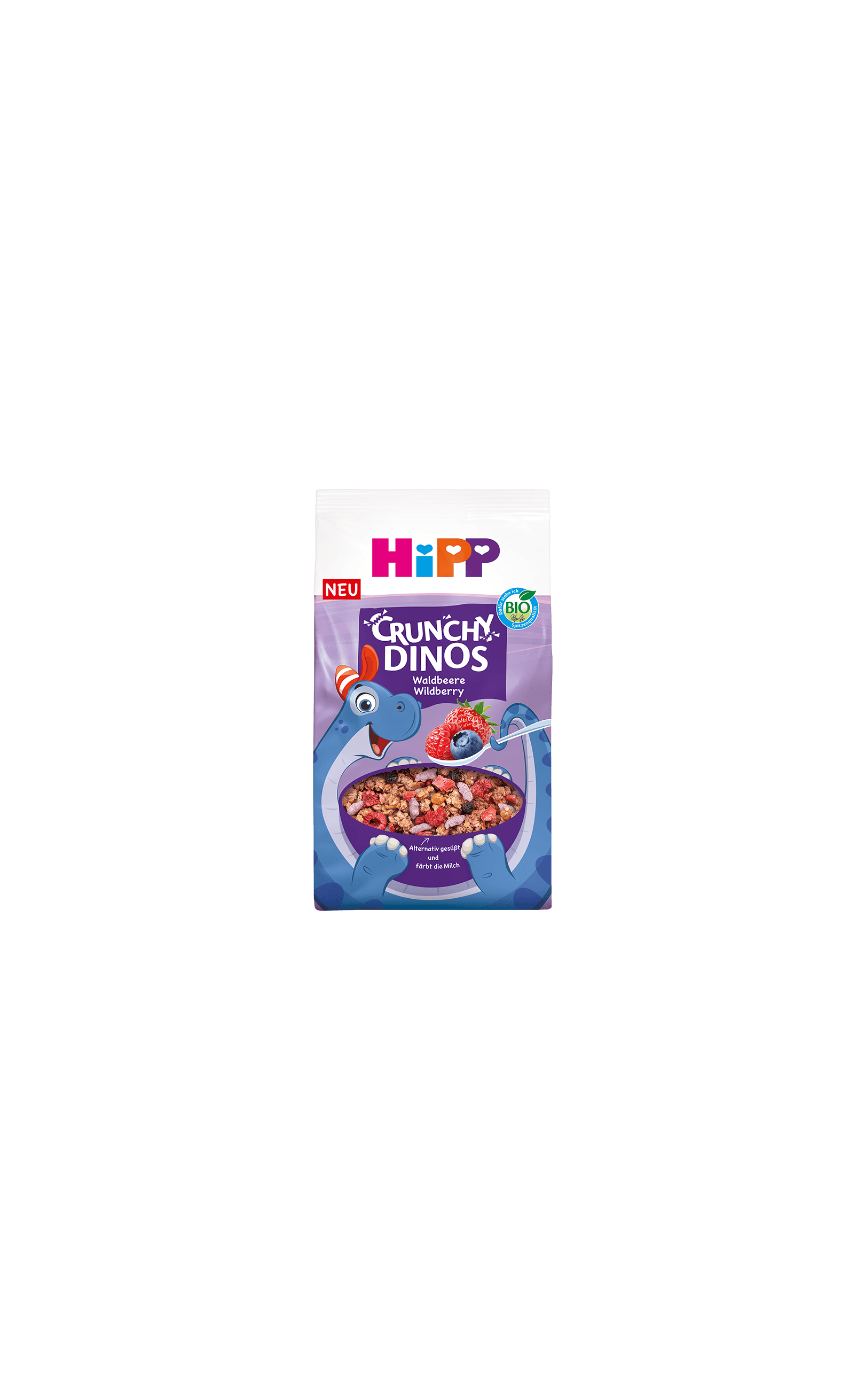 HiPP Crunchy Dinos Waldbeere Bio-Kinder-Cerealienpackung mit blauem Dino und Schüssel lila Waldbeer-Müsli auf lila Hintergrund