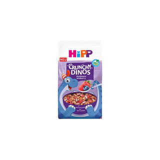 HiPP Crunchy Dinos Waldbeere Bio-Kinder-Cerealienpackung mit blauem Dino und Schüssel lila Waldbeer-Müsli auf lila Hintergrund