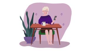 Jan, our customer service manager, in an illustration sat at her desk on her phone