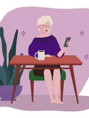 Illustration of a relaxed customer service manager at a desk using a smartphone to contact the HiPP Organic support team.