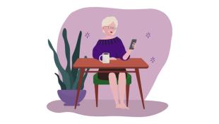 Jan, our customer service manager, in an illustration sat at her desk on her phone
