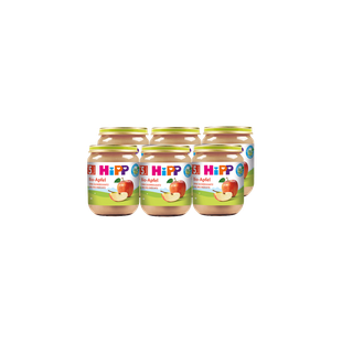 Sechserpack HiPP Bio-Apfel Babygläschen à 125 g vor schwarzem Hintergrund angeordnet